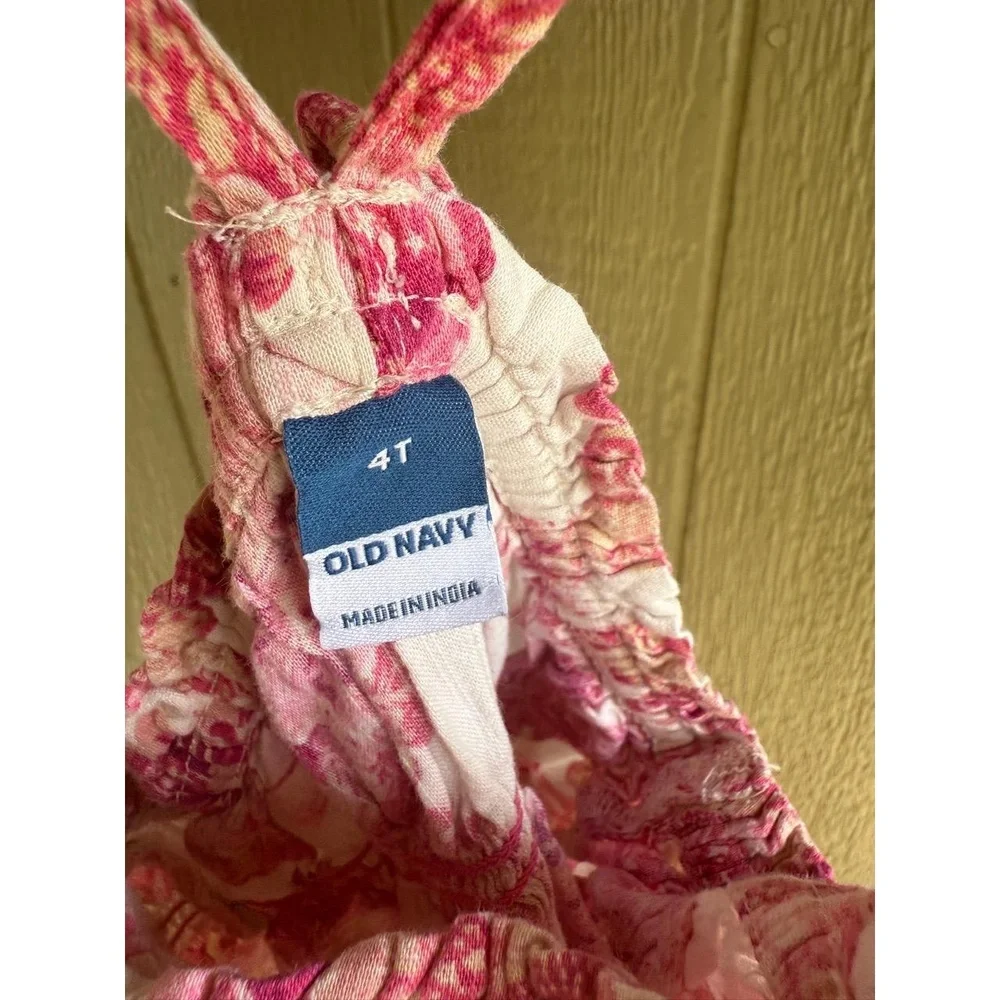 Old Navy Girls 4T Camisole Tank Pink White‎ Floral Smocked Ruffle Hem